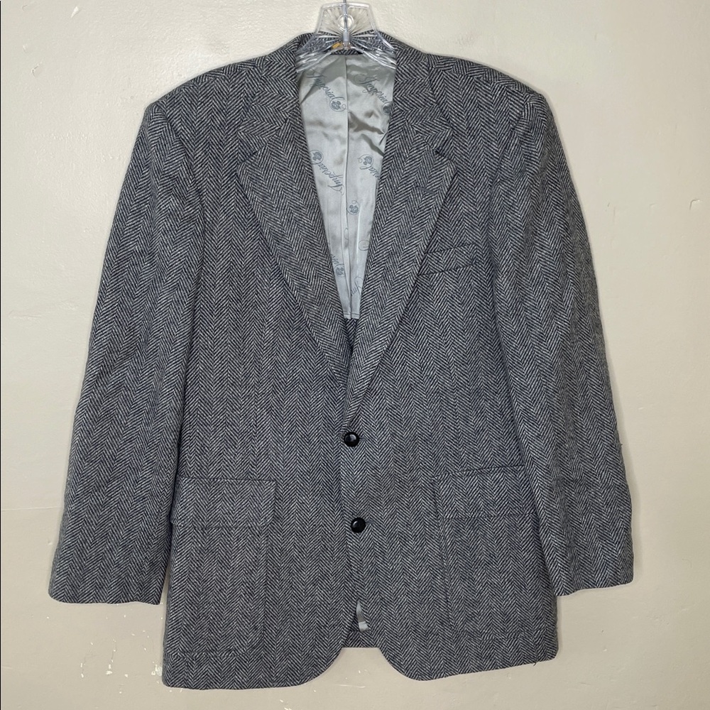 Vintage IMPERIAL Herringbone Black & Gray WOOL Classic Academia Single Breasted